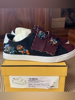 Fendi Embroidered Floral Leather Slip-On Sneakers - Black & Burgundy size 38.5
